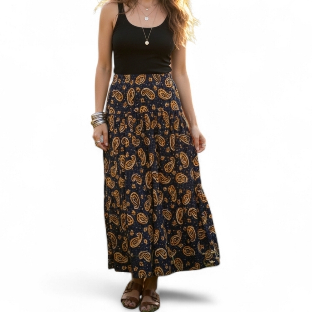 Vintage 90s Express Paisley Maxi Skirt Rayon Blue Orange Boho Gorpcore Medium